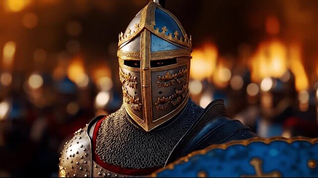 A close up of a knight in armor with a sword and shield