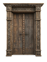 Ornate antique wooden door isolated on transparent background