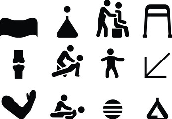 Physical Therapy Icon set, Rehabilitation, Exercise, Massage, Recovery, Muscle Strength, Fitness, Health, Medical Treatment, and Wellness Care Symbols in Modern Vector Style, used for web page mobile