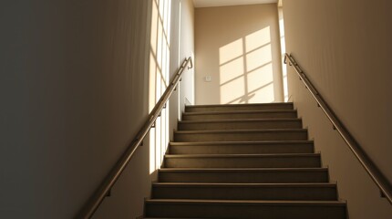 Stairway bathed in morning light invites quiet reflection and exploration in an elegant, modern interior space