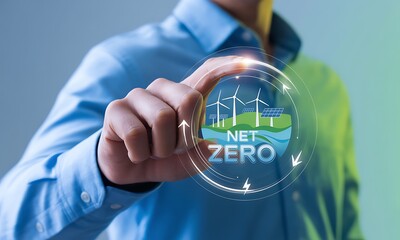 Business person touching holographic net zero renewable energy icon with wind turbines and solar panels, ideal for illustrating sustainability and green power concepts
