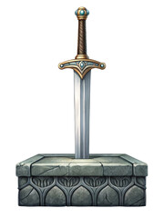 Sword embedded in a stone pedestal isolated on transparent background
