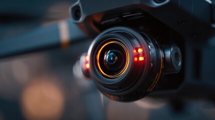 A close-up of an AI-powered camera lens with glowing indicators, a scene of drone surveying and advanced photography.