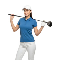 Woman Golfer Holding Golf Club on Shoulders.