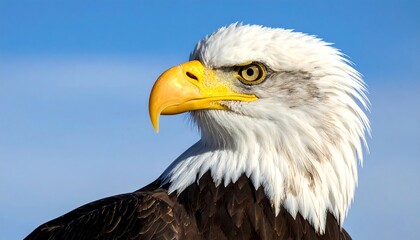Obraz premium Majestic bald eagle head shot, bright yellow beak, sharp eye focus on a light-blue sky background