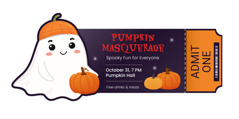 Spooky Halloween ticket design with ghost and pumpkins