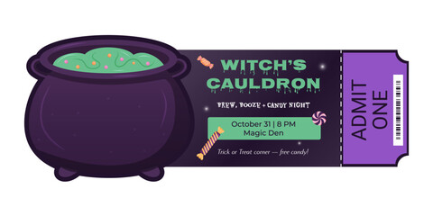 Spooky Halloween ticket design with witch cauldron and candies