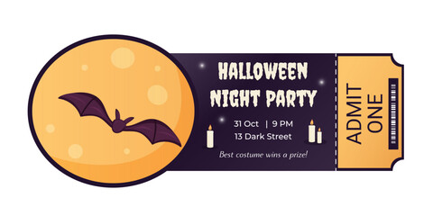 Halloween night party ticket design with bat and moon