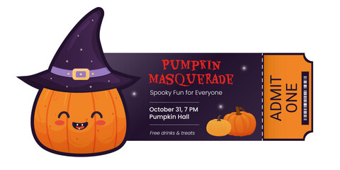 Halloween ticket design with pumpkin and witch hat