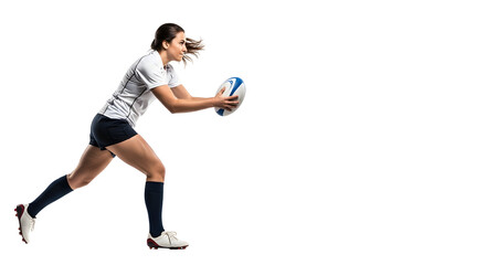 Woman Rugby Player Running with Ball in Action Shot.