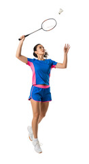 Woman playing badminton hitting shuttlecock in midair.