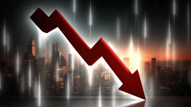 Red downward arrow over cityscape skyline with skyscraper buildings symbolizing financial decline economic downturn dramatic urban sunset lighting dark atmosphere
