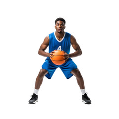 Young African American basketball player in blue uniform holding a basketball.