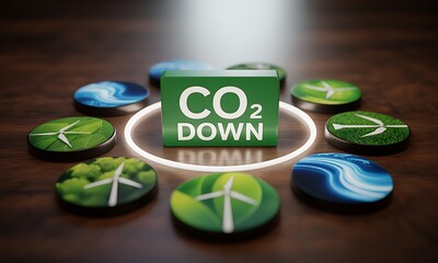 Green CO2 reduction concept with renewable energy icons surrounding a central illuminated sign, ideal for promoting sustainability and clean energy initiatives