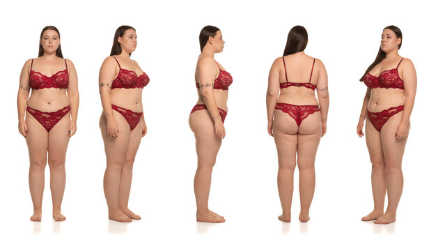 Collage of plus size woman in red lace lingerie from multiple views on white background. Concept of lingerie advertising, underwear branding, catalog fashion campaigns, diversity visuals.