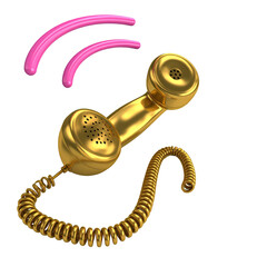 3D rendered golden rotary phone with pink signal waves, isolated on black background