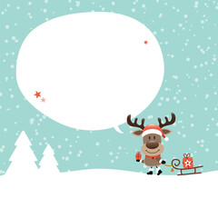 Rentier Mit Schlitten Im Wald Sprechblase Schnee Türkis