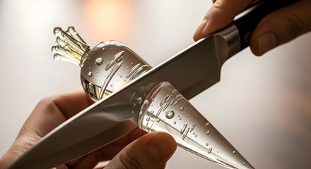 Chef Cutting Glass Flower with Knife in Kitchen Modern Style