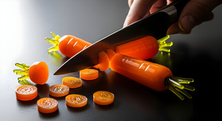 Carrot-shaped Capsules and Pills on Black Surface with Hand Cutting Orange Supplements