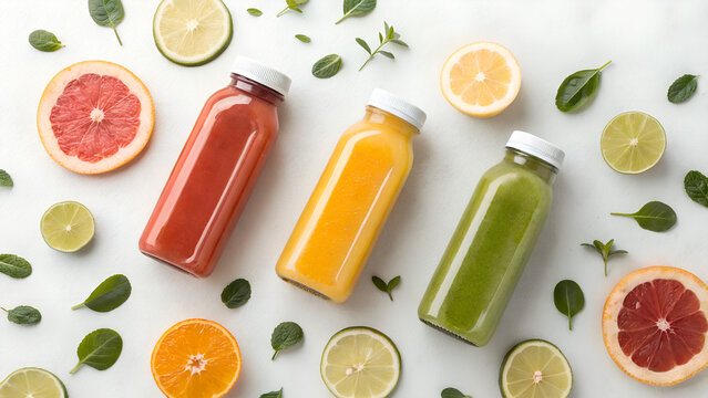 Fresh fruit juices in glass bottles with citrus slices and greens  