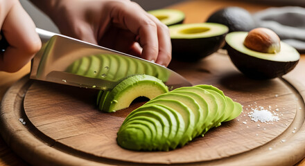 Fresh Sliced Avocado with Halved Avocados and Salt on Wooden Cutting Board