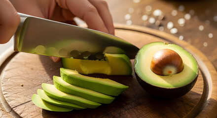 Fresh Green Avocado Sliced on Wooden Cutting Board with Hand Cutting in Natural Light