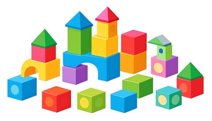 Fototapeta premium A playful arrangement of colorful geometric building blocks, creating small castle-like formations on a white background