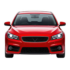 Naklejka premium Front view of a vibrant red, modern sedan with bright headlights, against a black background