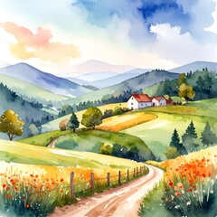 Watercolor landscape of rolling hills (1)