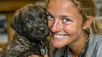 Happy woman smiles close to her fluffy puppy at a cozy animal shelter during a sunny afternoon