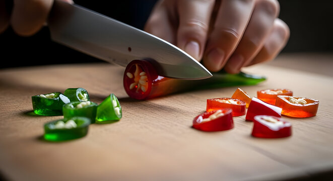 Person Cutting Colorful Bell Peppers on Wooden Cutting Board in Kitchen - Powered by Adobe