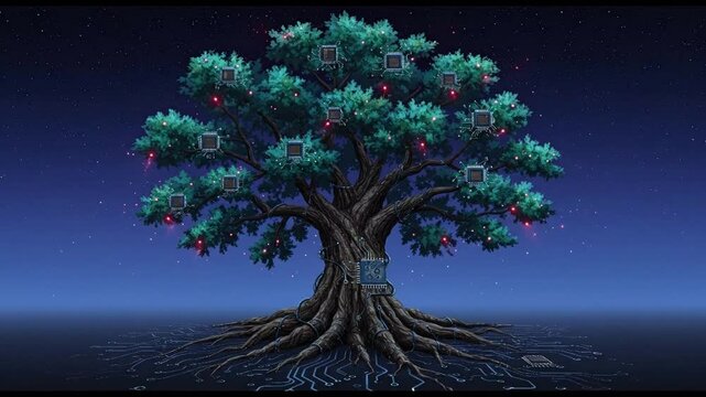 Digital tree with screens and lights on dark blue background