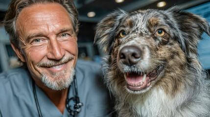 Veterinary professional smiles with a happy dog in a clinic during a wellness check