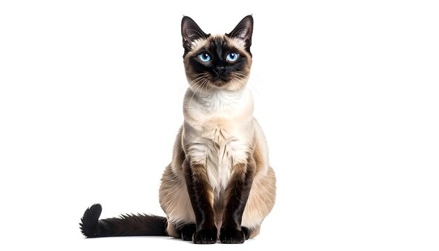 A Siamese cat with striking blue eyes sits upright, paws neatly tucked, against a stark white background