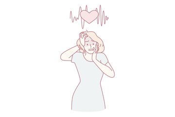 Feeing heart burn and panic concept. Young stressed shocked woman cartoon character standing touching face feeling panic vector illustration
