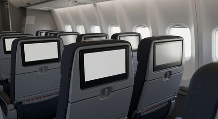 Empty passenger airplane seats with blank monitors for travel entertainment