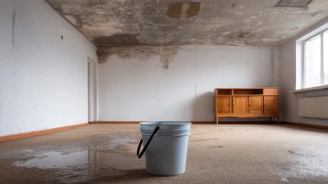 Water damage ceiling leak with bucket catching water in empty room featuring wooden cabinet and window showing signs of neglect and mold on damaged walls and ceiling
