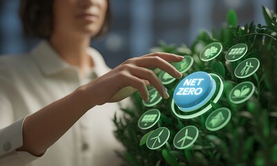 Hand pressing illuminated net zero button surrounded by eco-friendly icons, ideal for promoting sustainable energy solutions and environmental responsibility concepts