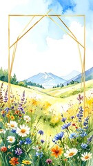 Watercolor landscape scene with a golden geometric frame