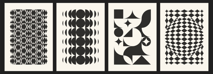 Bauhaus black cover designs with geometric patterns and abstract shapes for posters. Modernist compositions with circles, triangles and checkered motifs. Monochrome prints for wall art or book covers. © klyaksun