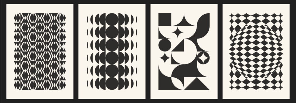 Bauhaus black cover designs with geometric patterns and abstract shapes for posters. Modernist compositions with circles, triangles and checkered motifs. Monochrome prints for wall art or book covers.