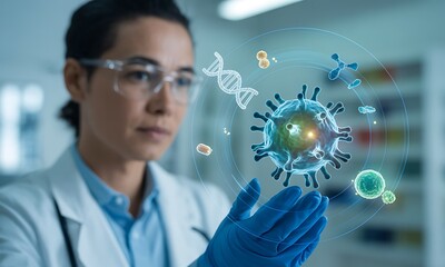 Medical professional holding digital hologram of virus and DNA strand, ideal for illustrating biotechnology research and advanced infectious disease analysis