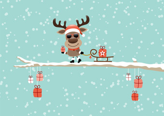 Rentier Sonnenbrille Mit Schlitten Auf Ast Schnee Türkis