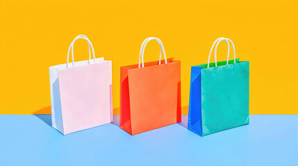 Brightly colored shopping bags ready for sale on a vibrant background