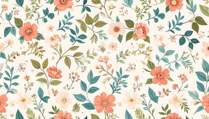 A dense pattern of peach, cream, and green floral elements on a pale background, creating a delicate, soft aesthetic