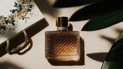 Elegant perfume bottle beside a decorative bag amidst lush greenery for a stylish shopping experience