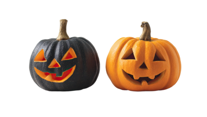 Two carved jack o lantern pumpkins with glowing faces on transparent background
