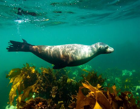 Underwater seal swimming amidst kelp