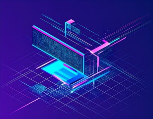 Abstract isometric grid with data screen, neon pink/blue streaks on a vibrant purple-blue gradient background