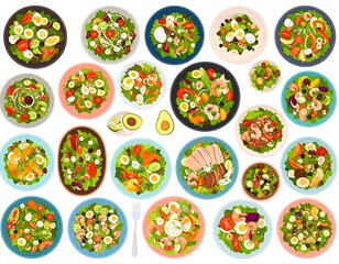 Aerial view of many different plates of vibrant, colorful, assorted salad preparations with eggs, seafood, and vegetables